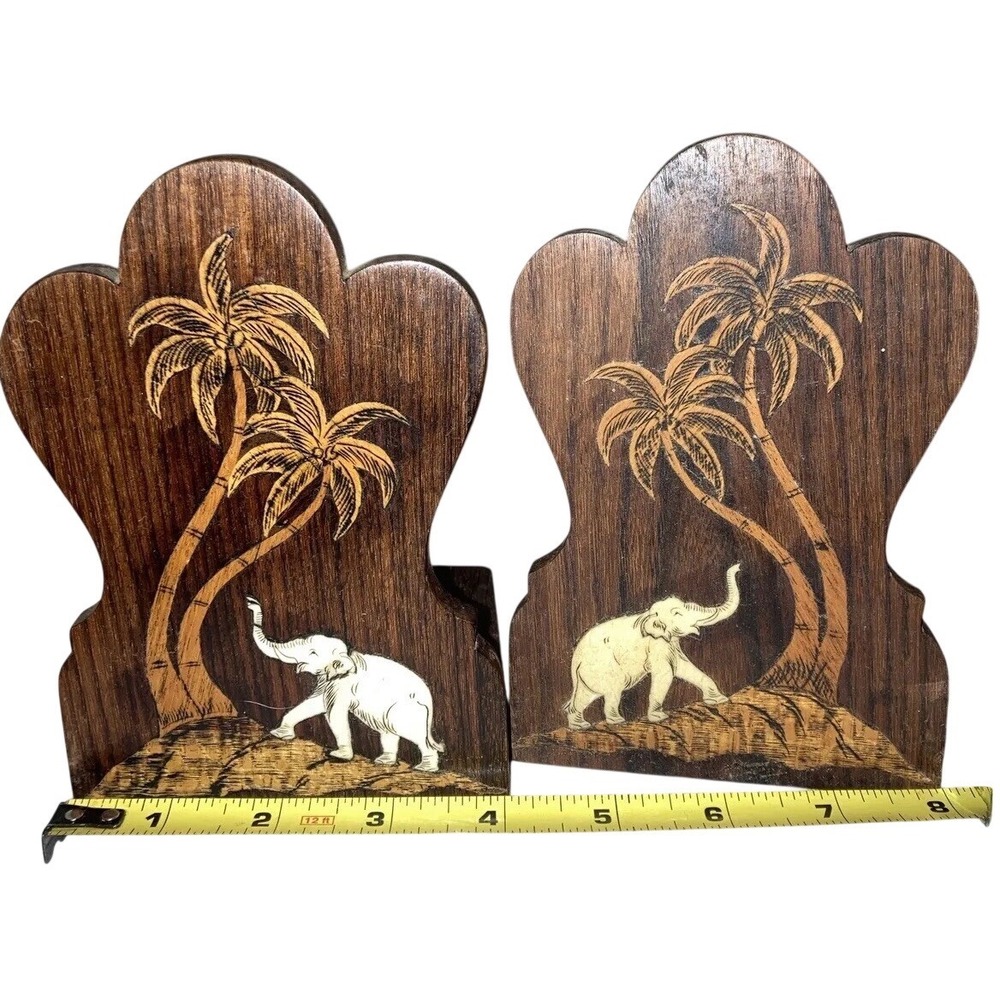 Teak Asian‎ Elephant Tree Wood Folding Bookends Set Hand Inlaid